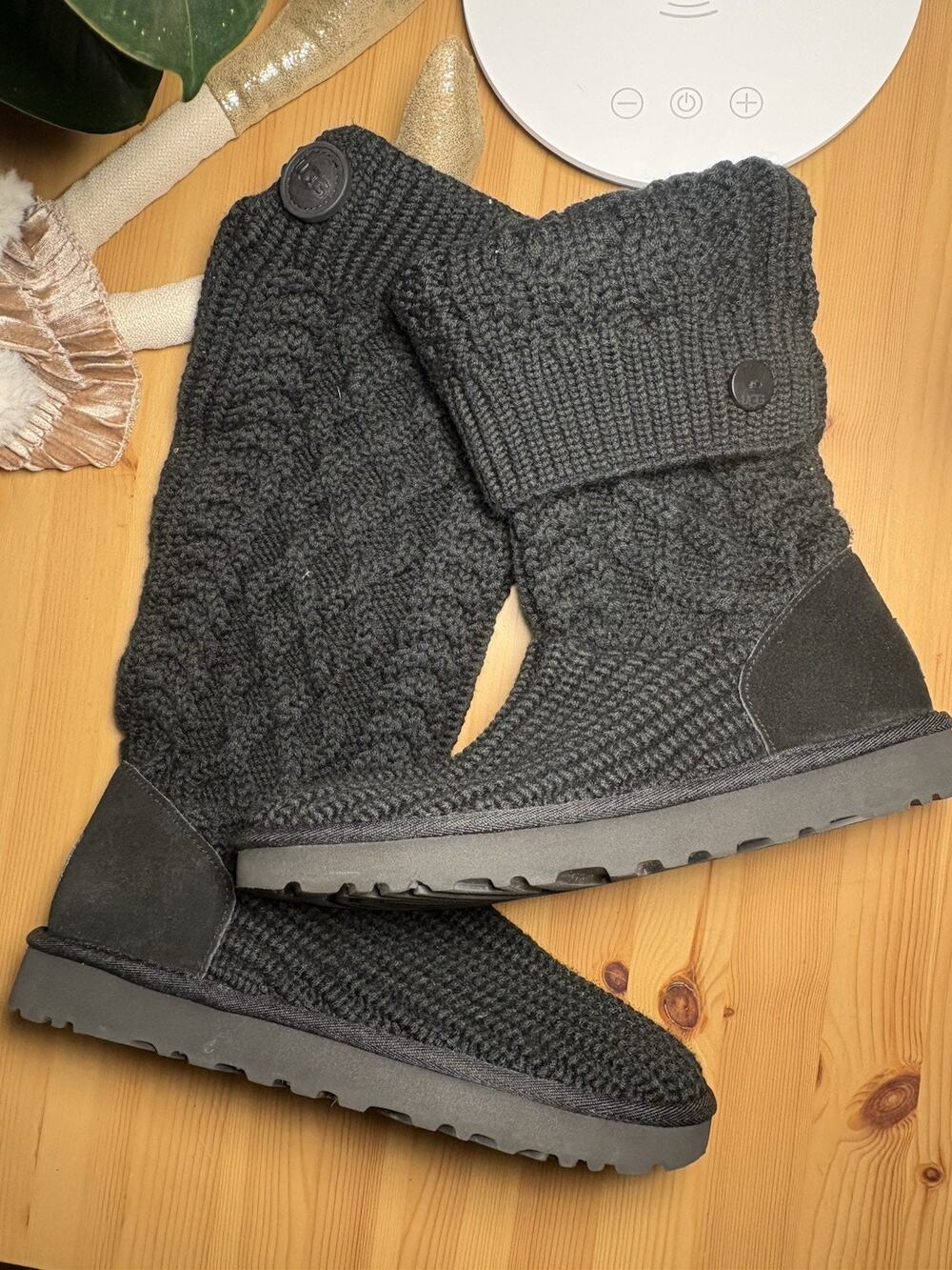 UGG Classic Cardy Womens Black Knit Knee High Zip Boots Button Faux Fur 9